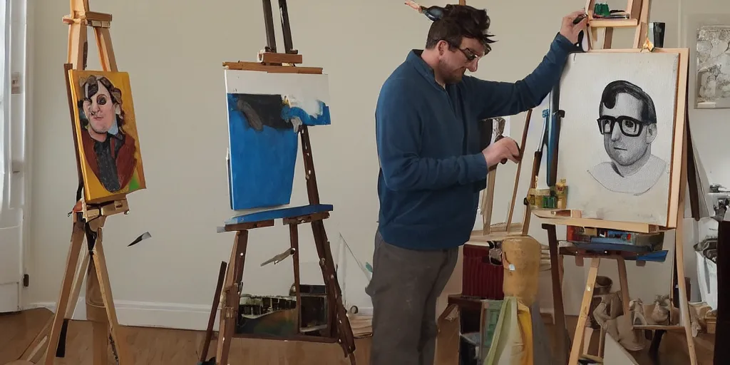 Image similar to stuart, the one eyed minion, stands at his easel, painting a portrait of a steve carell