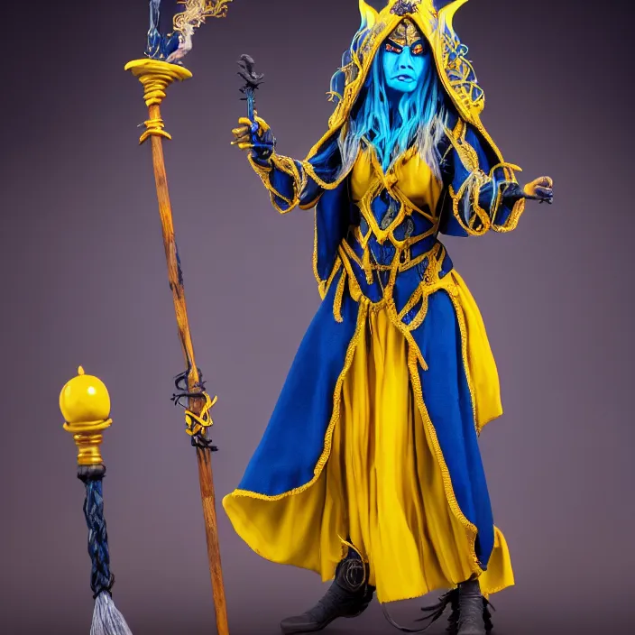 Image similar to photograph of a real - life beautiful!! elemental lightning witch with ornate yellow and blue robes and staff. extremely detailed. 8 k