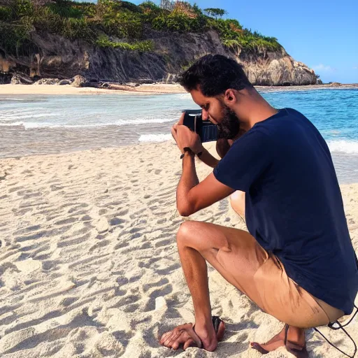 Prompt: male influencer taking pictures in the beach