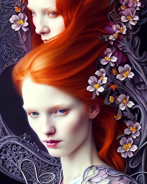 Image similar to Beautiful, evil and playful ethereal ginger portrait, art nouveau, fantasy, intricate flower designs, elegant, highly detailed, sharp focus, art by Artgerm and Mat collishaw and WLOP