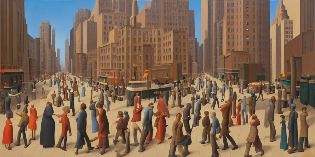 Image similar to new york city street in the morning, oil painting by george tooker