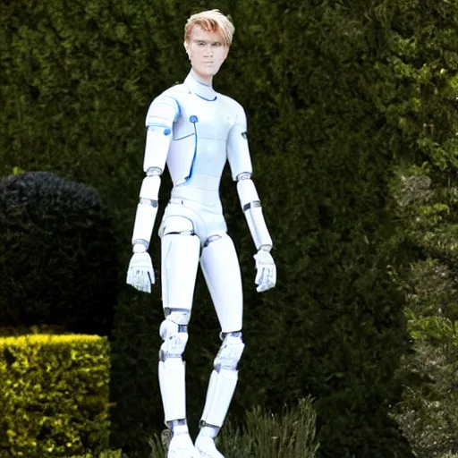 Image similar to a realistic detailed photo of a guy who is an attractive humanoid who is half robot and half humanoid, who is a male android, soccer player martin ødegaard, shiny skin, posing like a statue, blank stare, by the pool, on display, showing off his muscles, humanoid robot, frozen ice statue