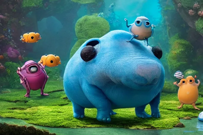 Image similar to pixar tardigrade character, tardigrade eating algae with his friends, disney movie, ultra detailed film still