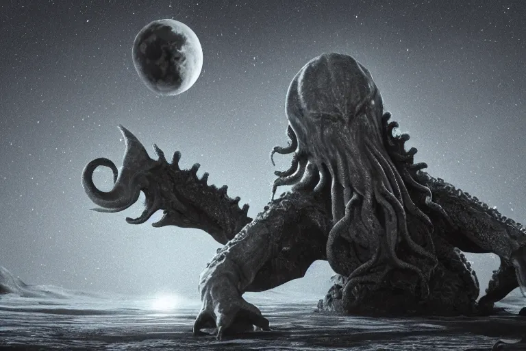 Prompt: giant cthulhu, photorealistic, long shot, epic, space from the moon showing earth in the background, moon lander