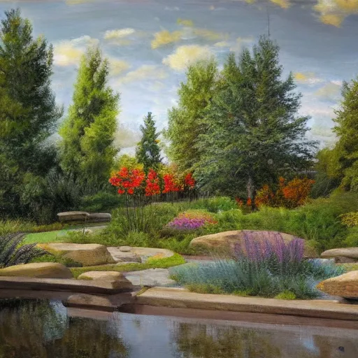 Image similar to mcgovern centennial gardens, oil on canvas, intricate, landscape, 8 k highly professionally detailed, hdr, cgsociety