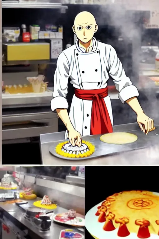 Image similar to chef saitama one punch man, dressed as a pastry chef, making a cake, anime artwork