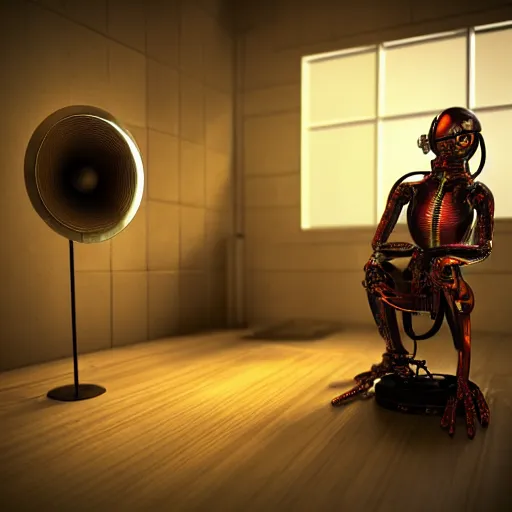 Image similar to cyborg sitting Infront of snake who's getting into gramophone, high quality image, 3Drender, long shot denoise