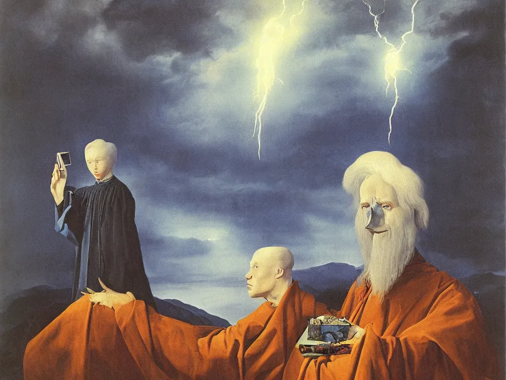 Prompt: Portrait of albino mystic with blue eyes, with lightning in his hand. Storm in the distance over the surreal mountains. Painting by Jan van Eyck, Audubon, Rene Magritte, Agnes Pelton, Max Ernst, Walton Ford