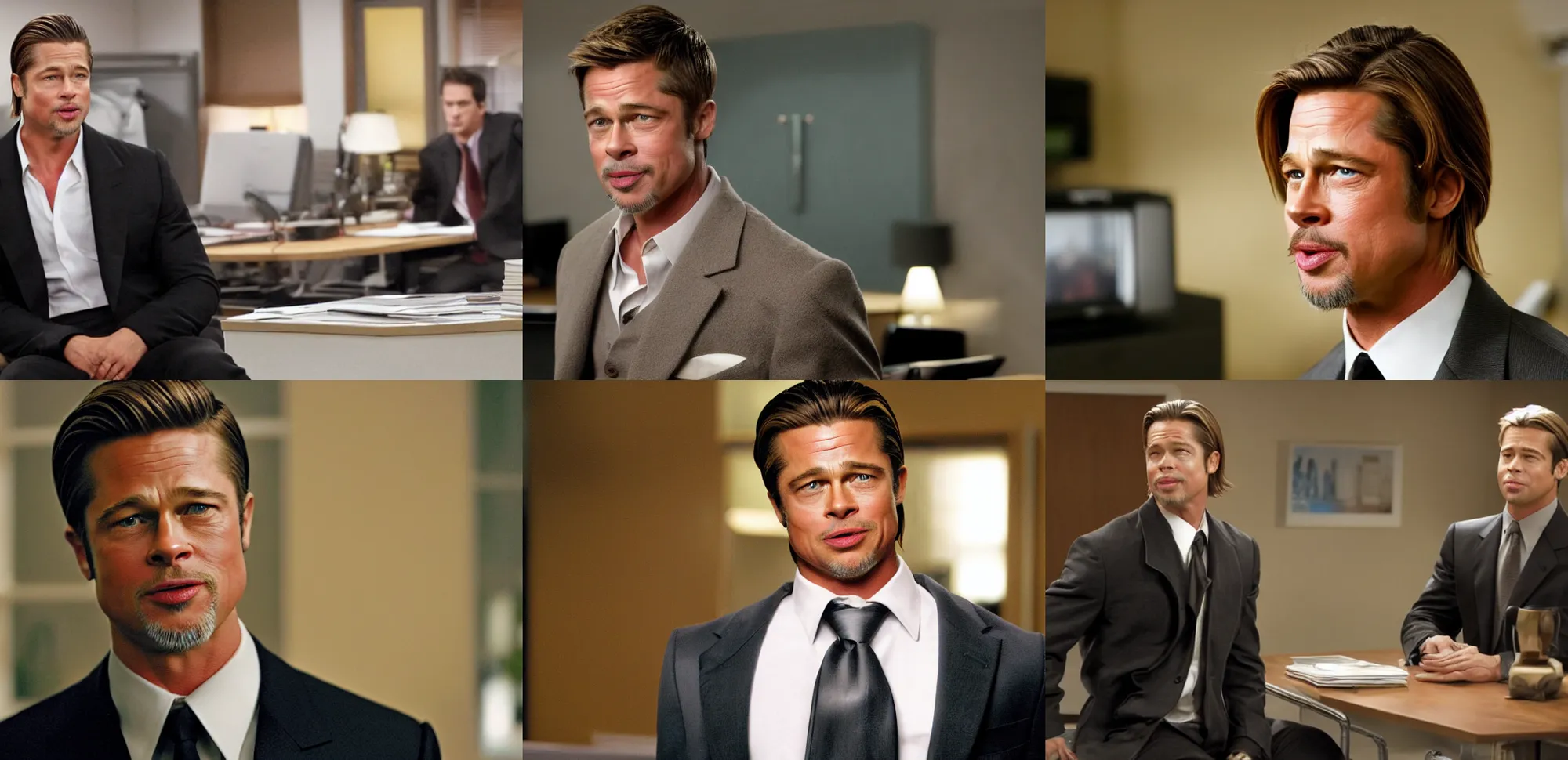 Prompt: medium shot of brad pitt in a guest role in the office ( us ), promotional image, detailed face, tv still frame