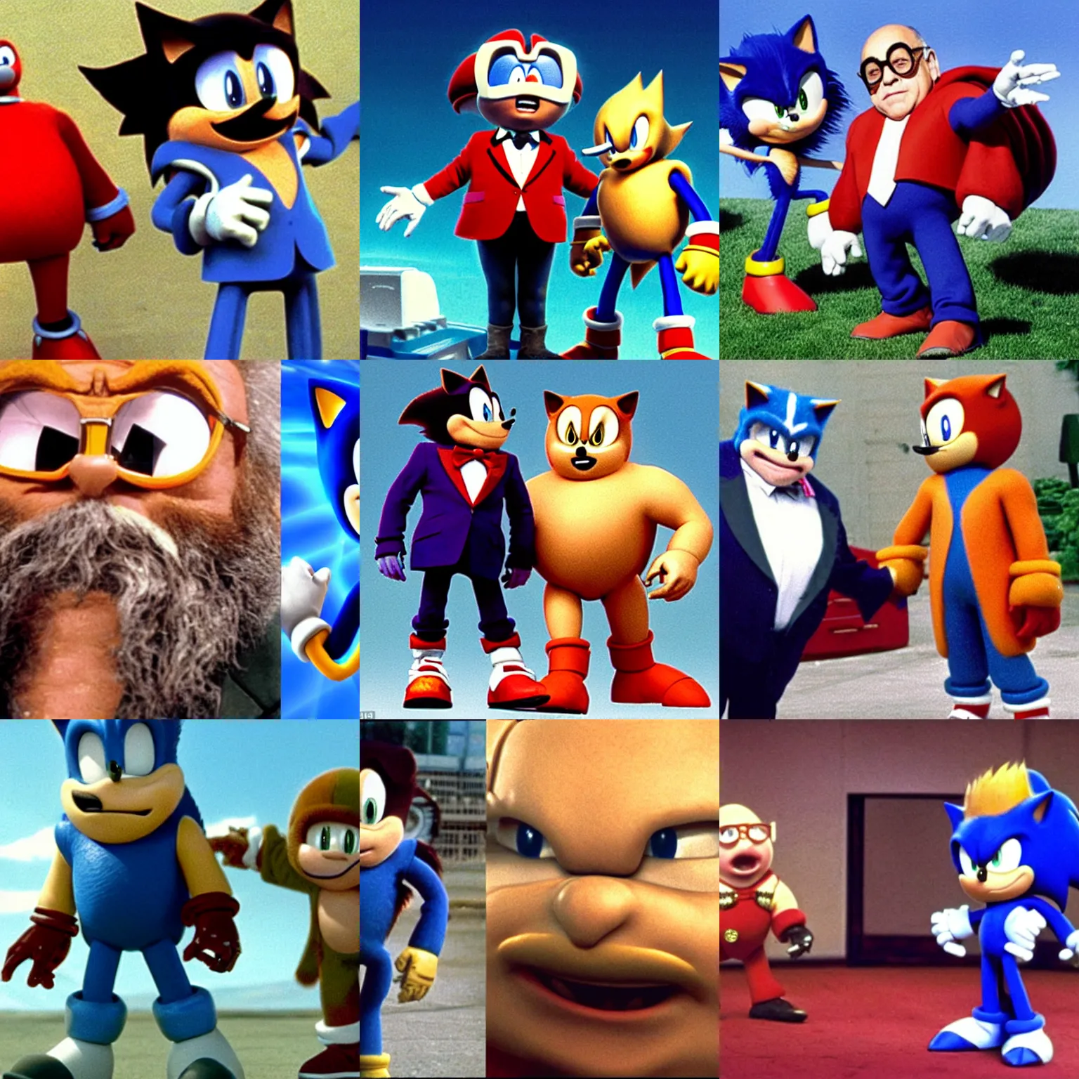Prompt: <movie still cohesive>((danny devito)) as ((doctor robotnik)) stands next to Sonic the Hedgehog</movie>