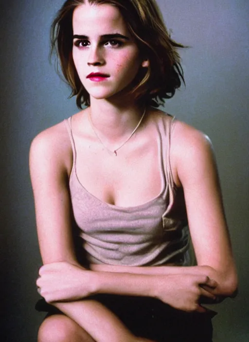 Prompt: Retro color photography 1990s portrait Hollywood headshot of Emma Watson