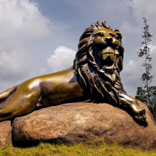 Prompt: bronze sculpture of a lion standing on a rock