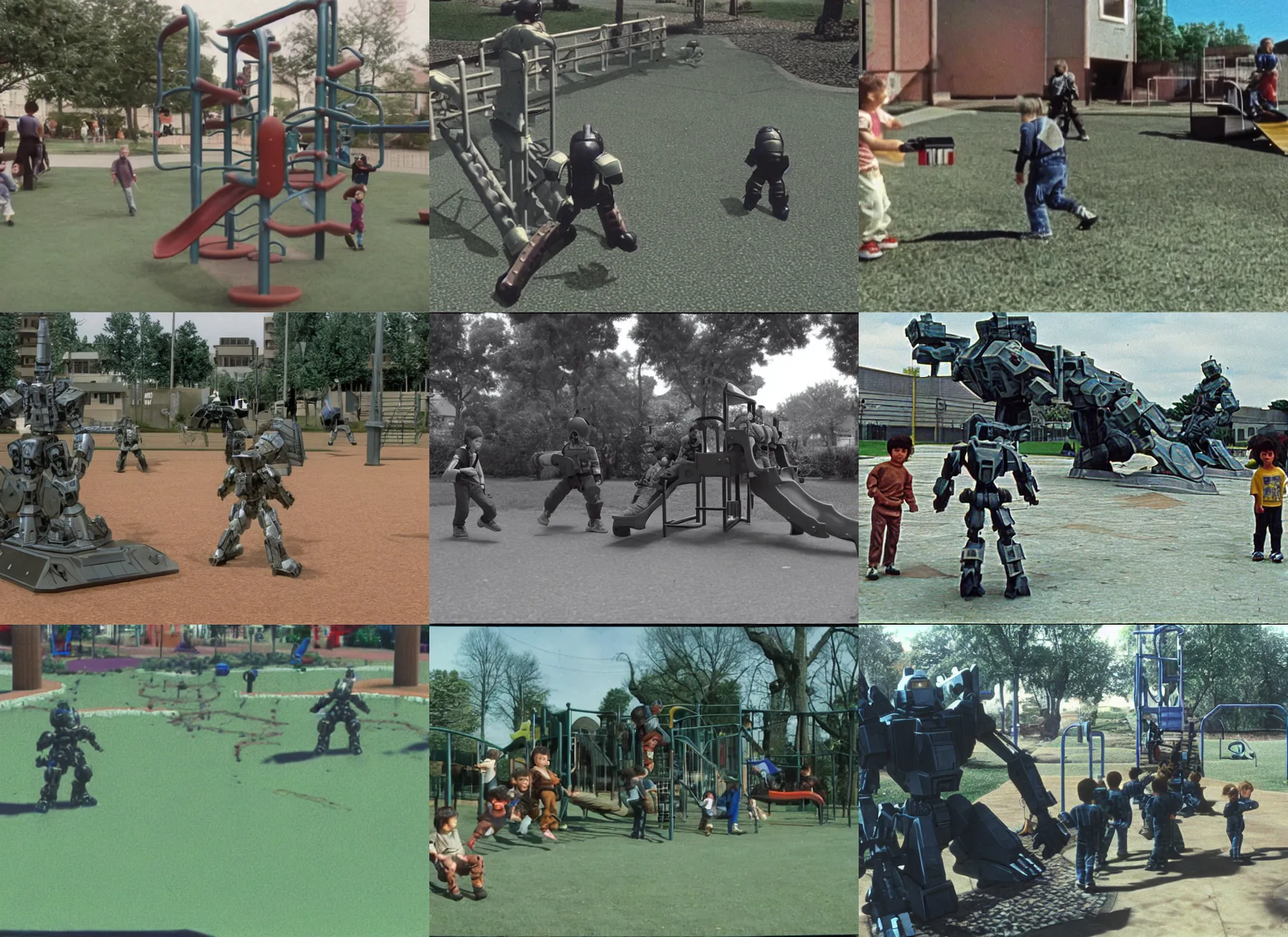 Image similar to home video footage, an armored core playing in the playground, 1 9 9 0