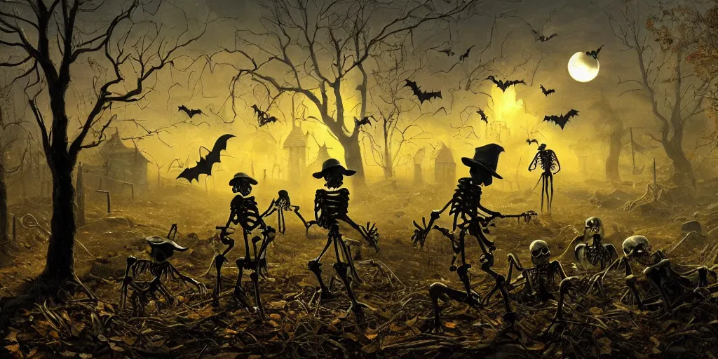 Image similar to a halloween landscape with a few skeletons two ghosts and one witch around in november, by Ernest deutsch + Ted Nasmith, cinematic lighting, masterpiece, highly detailed, 8k resolution, trending on art station