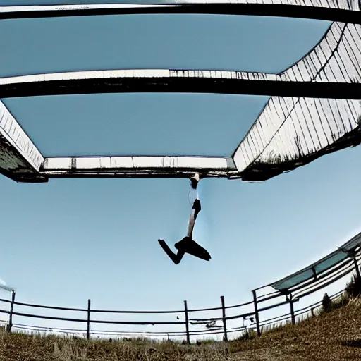 Prompt: a man swan diving off of an overpass and taking flight, as seen from below, digital art,