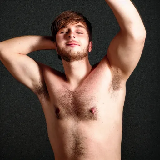 Image similar to high-resolution photograph of a lad showing off his hairy armpits