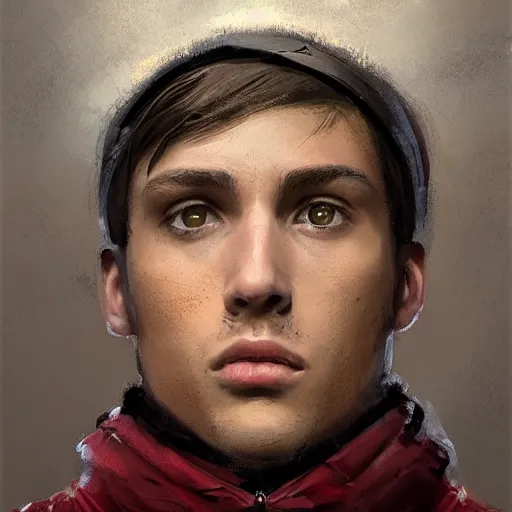 Prompt: Portrait of a man by Greg Rutkowski, he is about 20 years old, gallant, straight jaw, attractive, short brown hair with bangs, athletic and strong, he is wearing red and black utilitarian jumpsuit, highly detailed portrait, digital painting, artstation, concept art, smooth, sharp foccus ilustration, Artstation HQ.