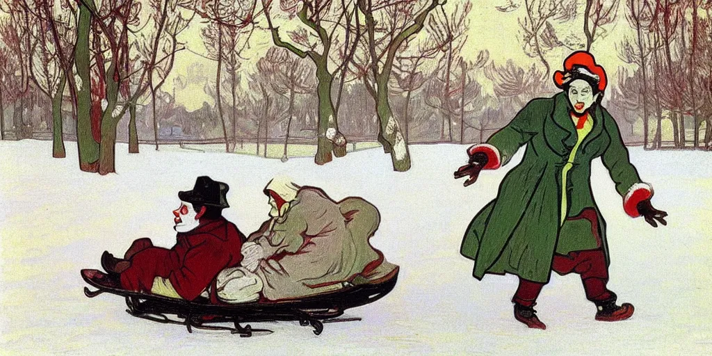 Prompt: sledding scene of winter handsome delicate beautiful male clown named pepes wearing stylish modest! clown clothes and sledding in the snow in winter, masculine clown high fashion, elegant, clear, painting, stylized, delicate, soft facial features, delicate facial features, art by alphonse mucha, vincent van gogh