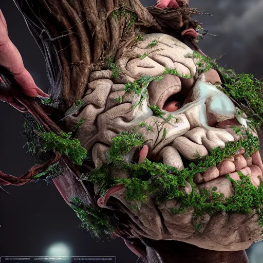 Prompt: brains and brainstems rooted in the ground, trending on artstation, 4k, hyperrealistic, focused, extreme details, unreal engine 5, cinematic, masterpiece, high resolution, detailed