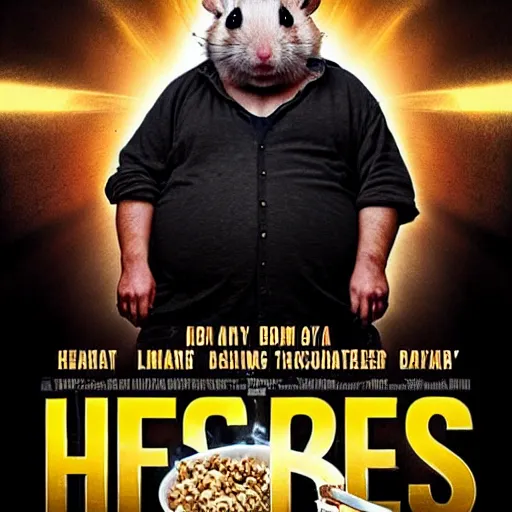 Prompt: an epic movie poster of a movie where a homeless hamster eats so much oatmeal he becomes obese, extremely fat hamster