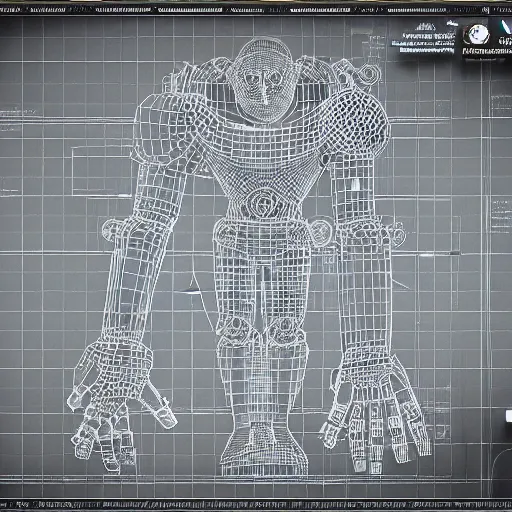 Image similar to a robot ape blueprint and schematic and illustrated zoomed-in snippets+8k optane render 3d unreal engine glorious intricate detailed superb+pristine and clean design+Center Frame, intricate details, ultra-detailed, DIY maker styling printed with futuristic 3d modeling technology, colossal, desaturated, concept art, with highly detailed blueprints, marker concept art style rendering