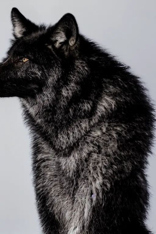 Image similar to a black wolf sitting alone with white eyes, studio lighting