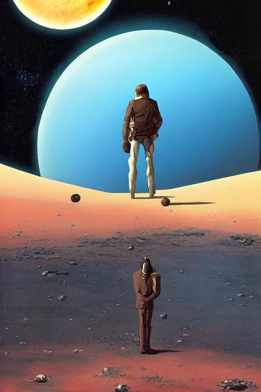 Image similar to A man standing on the surface of a barren moon in front of a ringed planet. Science fiction. High quality. Michael Whelan, Dean Ellis, Michael Herring.
