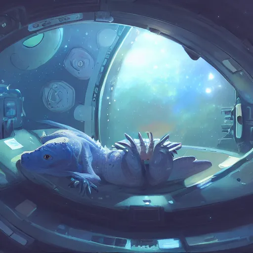 Prompt: cute lizzard sleeping in a space station, fantasy, concept art, artstation, tyler edlin, feng zhu