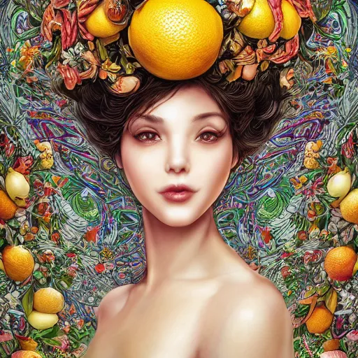 Prompt: the portrait of an absurdly beautiful, graceful, elegant, sophisticated, mature vixen made up of lemons looking up, an ultrafine hyperdetailed illustration by kim jung gi, irakli nadar, intricate linework, bright colors, octopath traveler, final fantasy, unreal engine 5 highly rendered, global illumination, radiant light, detailed and intricate environment