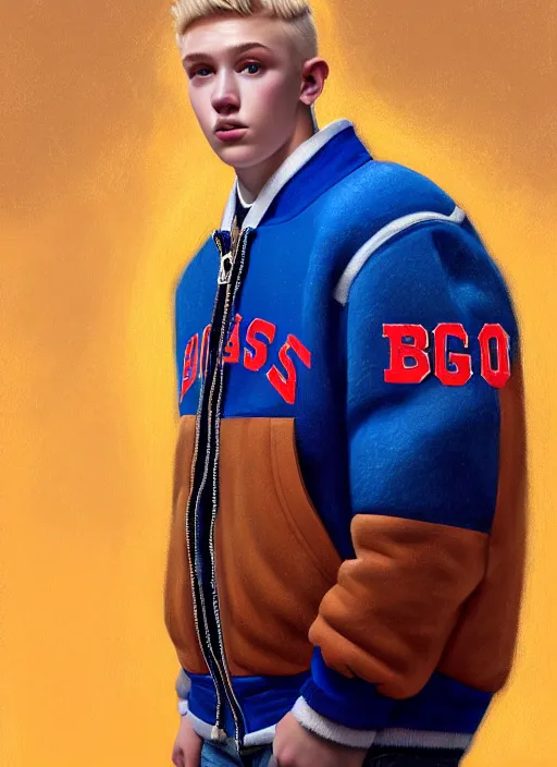 Image similar to portrait of high school senior boy named big moose, blonde short hair, jock, beefy, wide face, square jaw, square facial structure, blue varsity jacket with letter r, intricate, elegant, glowing lights, highly detailed, digital painting, artstation, concept art, sharp focus, illustration, art by wlop, mars ravelo and greg rutkowski