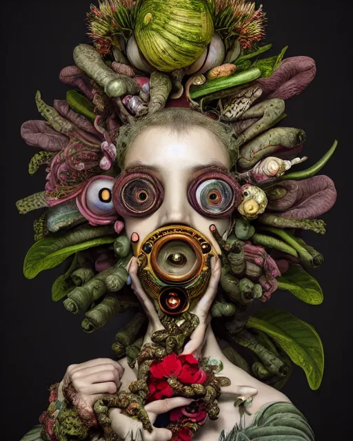 Image similar to a maximalist biomorphic portrait with with large eyes, expressive, wearing a botanical gas mask by arcimboldo, baroque, by ayami kojima, mark ryden, surrealism by dali, hauntingly surreal, statue, high fashion, focus on head, soft light, 4 k, octane high quality render