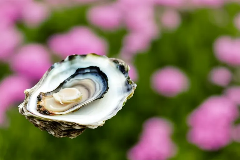 Prompt: a romantic dlsr photoportrait of an oyster in the field of flowers. pastel colors, blurred background. sharp focus on the oyster, 5 0 mm lens, professional light, aerial shot from the drone