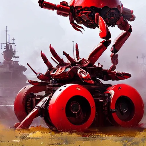 Image similar to giant red mechanical crab with cannon on its back, detailed, military robot, by greg rutkowski and jakub rozalski