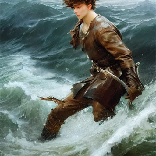 Prompt: epic battle brown haired boy summons a huge wave of water. detailed. masterpiece. dramatic. rule of thirds. jc leyendecker. repin. ruan jia.