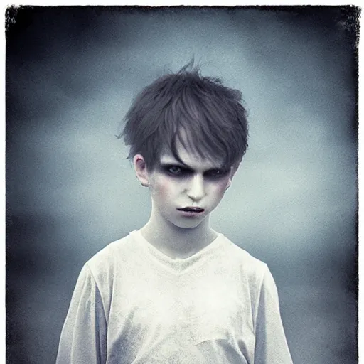 Prompt: photograph of a pale young ghost boy, by mikko lagerstedt, by chris friel, by christian schloe