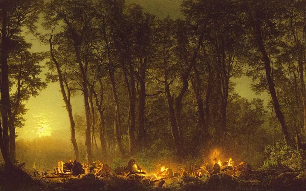 Image similar to campfire on the edge of a forest overlooking a beautiful valley at dusk, cinematic lighting, intricate ink illustration, by albert bierstadt