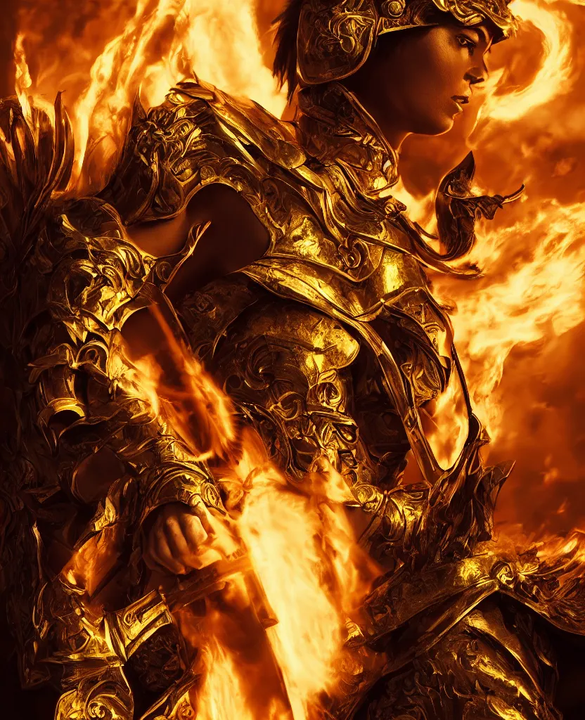 Prompt: Profile shot of a fiercely beautiful woman in golden angelic battle armor wielding a flaming sword, cinematic, epic, 4k, stylized, realism