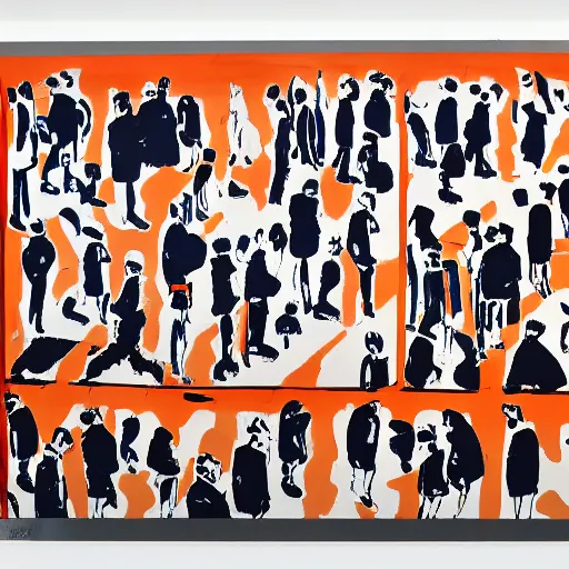 Prompt: screen printing, gouache by toshio saeki, by asger jorn dynamic. a beautiful installation art of a group of people standing in a line. they are all facing the same direction & appear to be waiting for something.