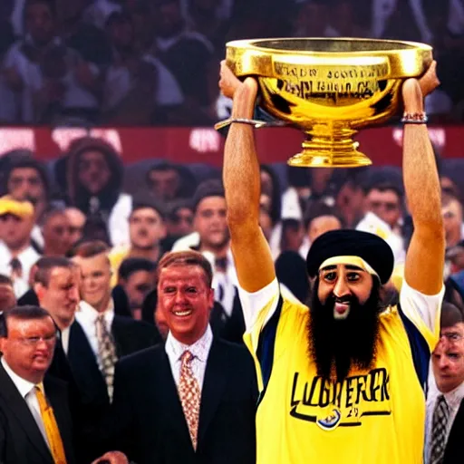 Image similar to photo of osama bin laden lifting larry o'brien trophy