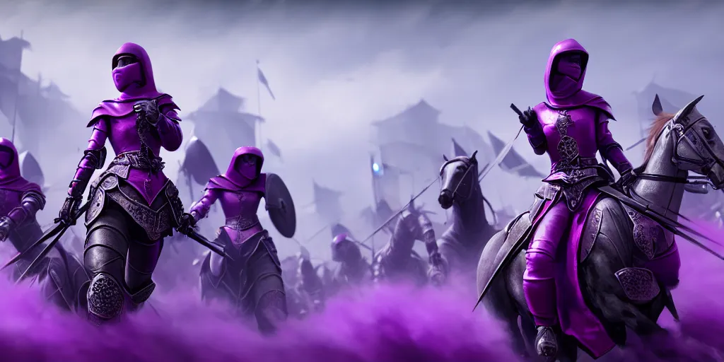 Prompt: painting of lady in purple leading an army of riding knights, hyper - realistic, unreal engine, octane render, digital art, trending on artstation, 8 k, detailed, atmospheric, immaculate