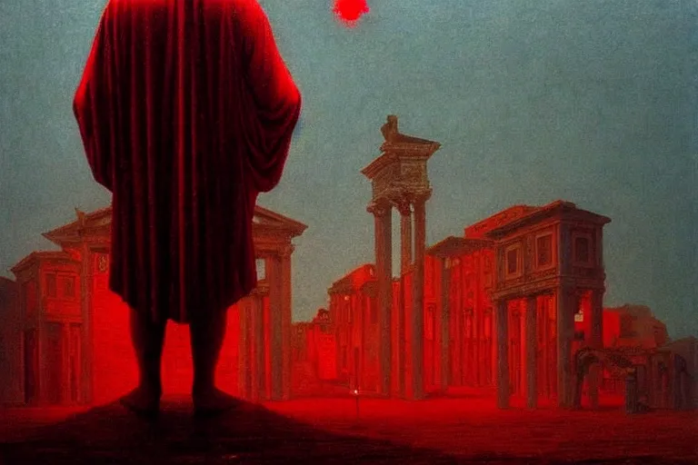 Image similar to only with red, caesar after war, a red tiger, in hoc signo vinces, rome in background, an ancient path, in the style of beksinski, part by hopper, part by rodcenko, part by hofbauer, intricate composition, red by caravaggio, insanely quality, highly detailed, masterpiece, red light, artstation