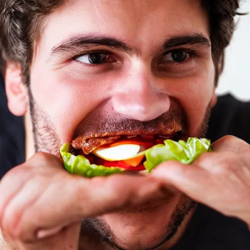Prompt: man taking a big bite out of a juicy hamburger