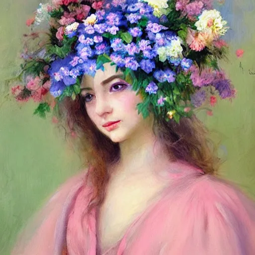 Image similar to a portrait of a romantic woman with flowers grow out of hair, roses peonies forget-me-nots dahlias lupins gladioli, sky theme in background, by Alexandr Averin, Digital Art, Trending on artstation