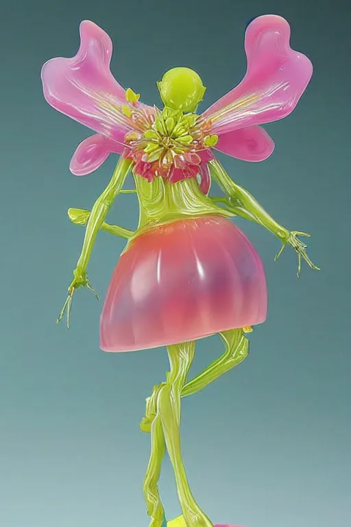 Image similar to a fat jelly super detailed anime figurine with fluo color detail, and muted arm colors, that looks like a insect, on top of a painting of plastic synthetic ionized metal flower sculptures