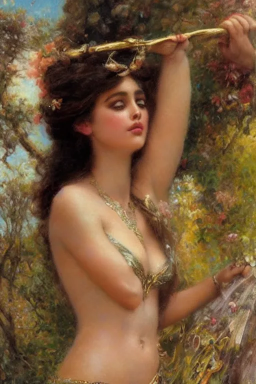 Image similar to hailey steinfeld as the goddess aphrodite. art by gaston bussiere.