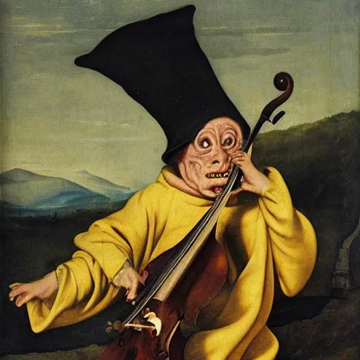Prompt: yellow goblin in a cloak wearing a fiddle for a hat, renaissance painting