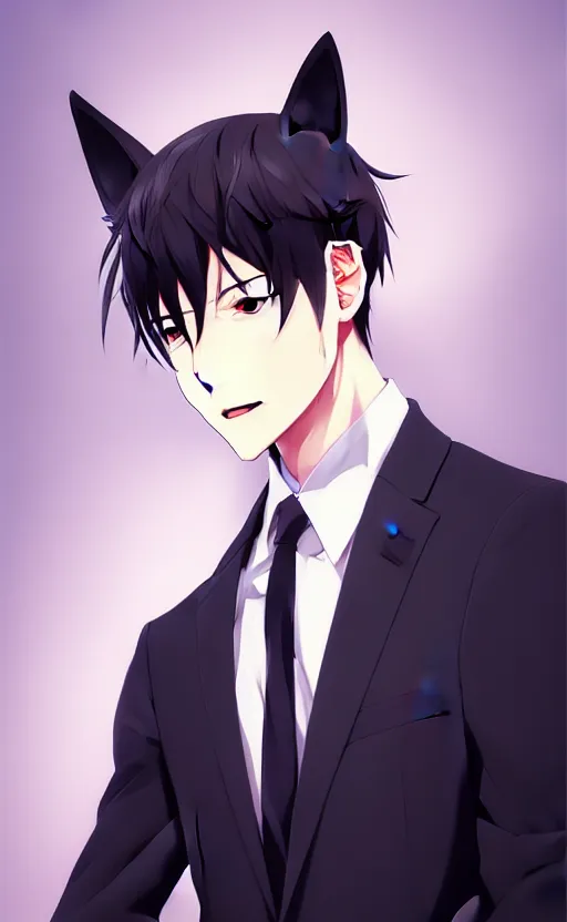 Image similar to A realistic anime portrait of a handsome young man with cat ears wearing a suit, white background, by WLOP and Rossdraws, digtial painting, trending on ArtStation, deviantart