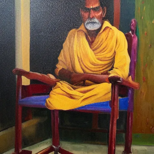 Image similar to Indian man sleeping on a school chair, oil painting