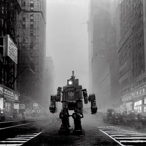 Image similar to old black and white photo, 1 9 1 3, depicting a dieselpunk giant robot mech rampaging through the bustling streets of new york city, historical record, volumetric fog