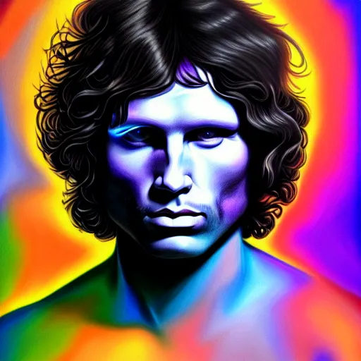 Image similar to An extremely psychedelic portrait of Jim Morrison, surreal, LSD, face, detailed, intricate, elegant, lithe, highly detailed, digital painting, artstation, concept art, smooth, sharp focus, illustration